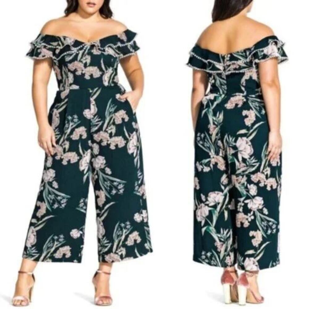 City Chic Fresh Field Floral Off the Shoulder Crop Wide Leg Jumpsuit 18 new